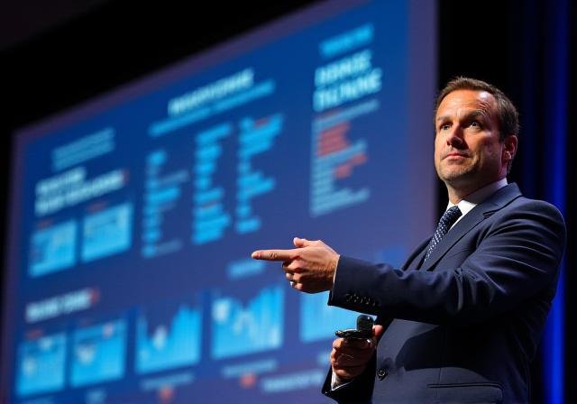 Keynote speaker addressing a crowd of financial professionals