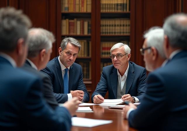 Executive board members discussing ethics around a grand table