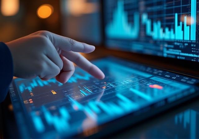 Financial analyst reviewing complex market data on multiple screens