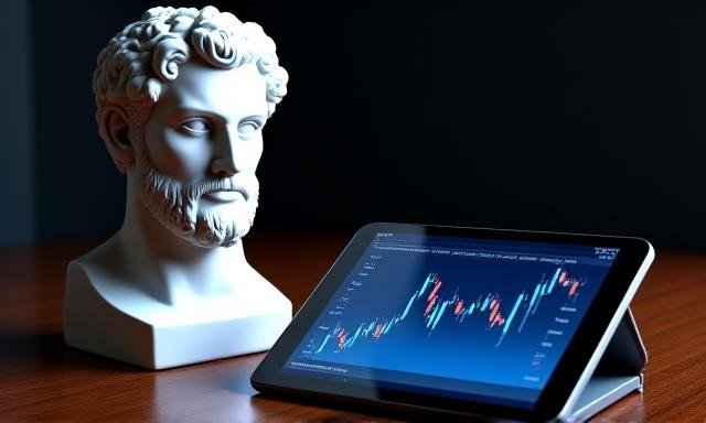 A classical bust next to modern stock tickers